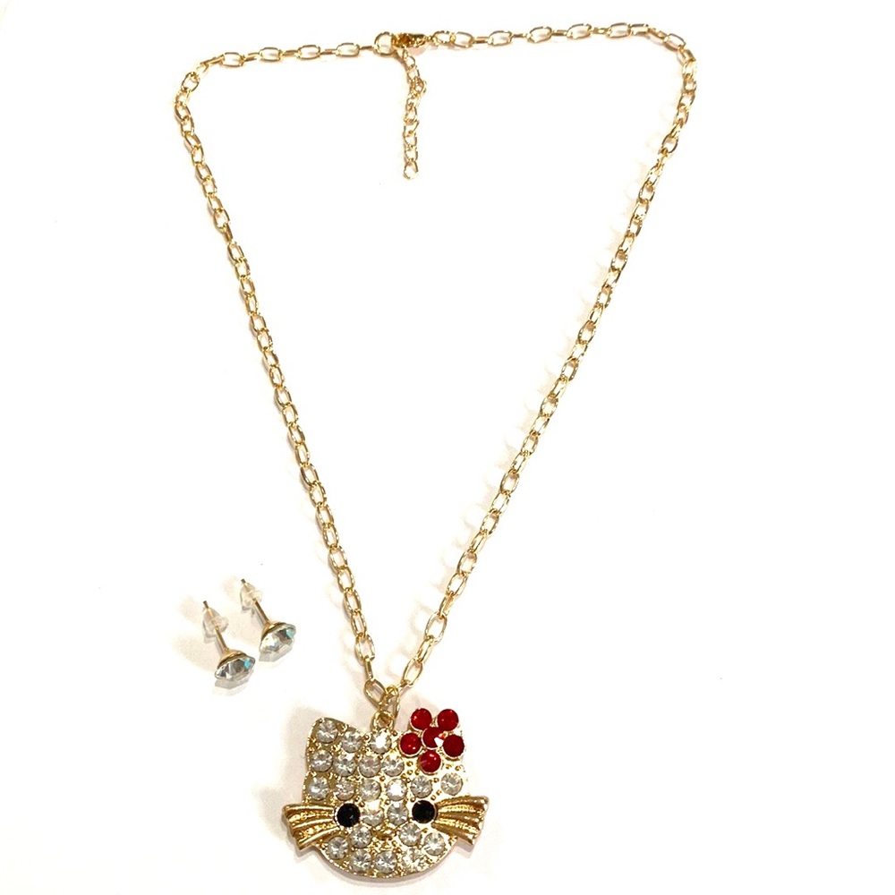 Hello Kitty Necklace Earrings Set Gold Tone Large Face Red Bow Rhinestones